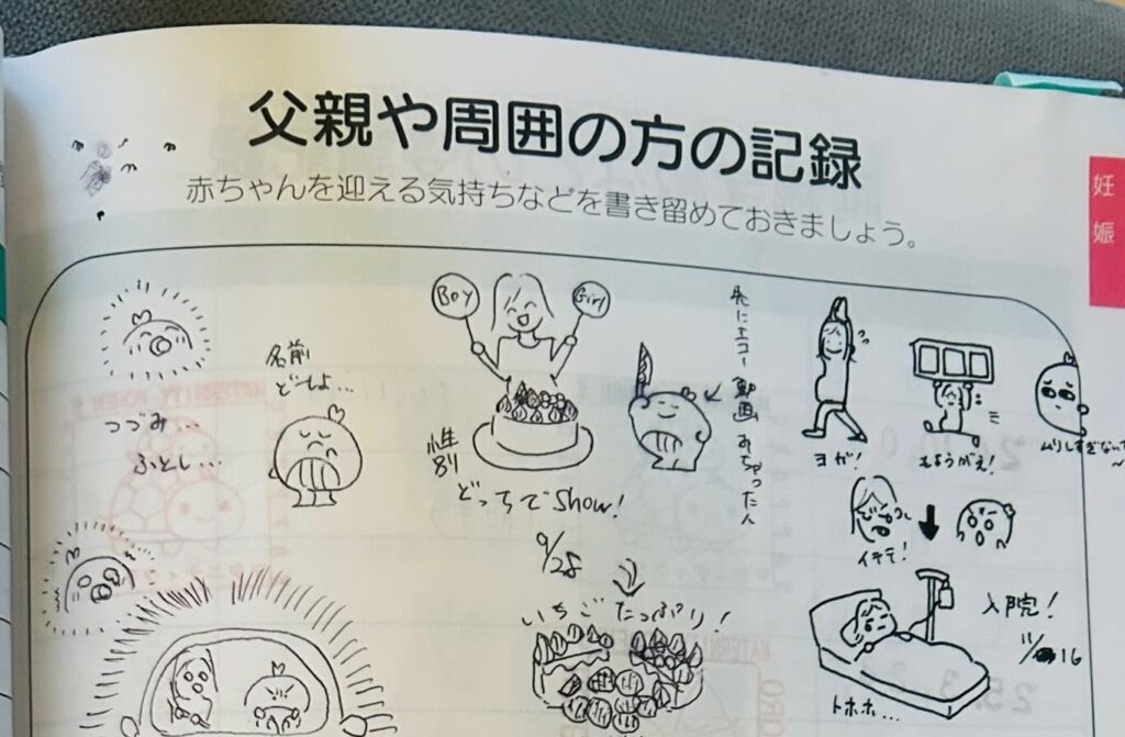【実際の写真２枚】　パパさんの描いた母子手帳