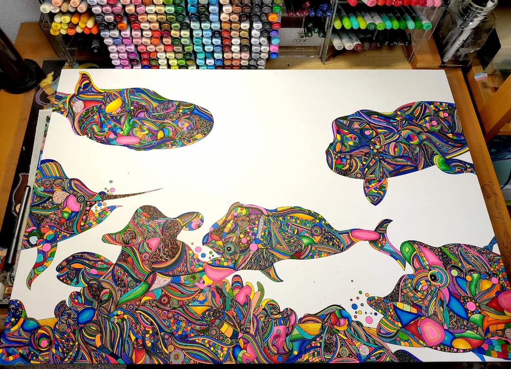 サンゴと海の生き物を描いた（@yagyu_naoさんより提供）