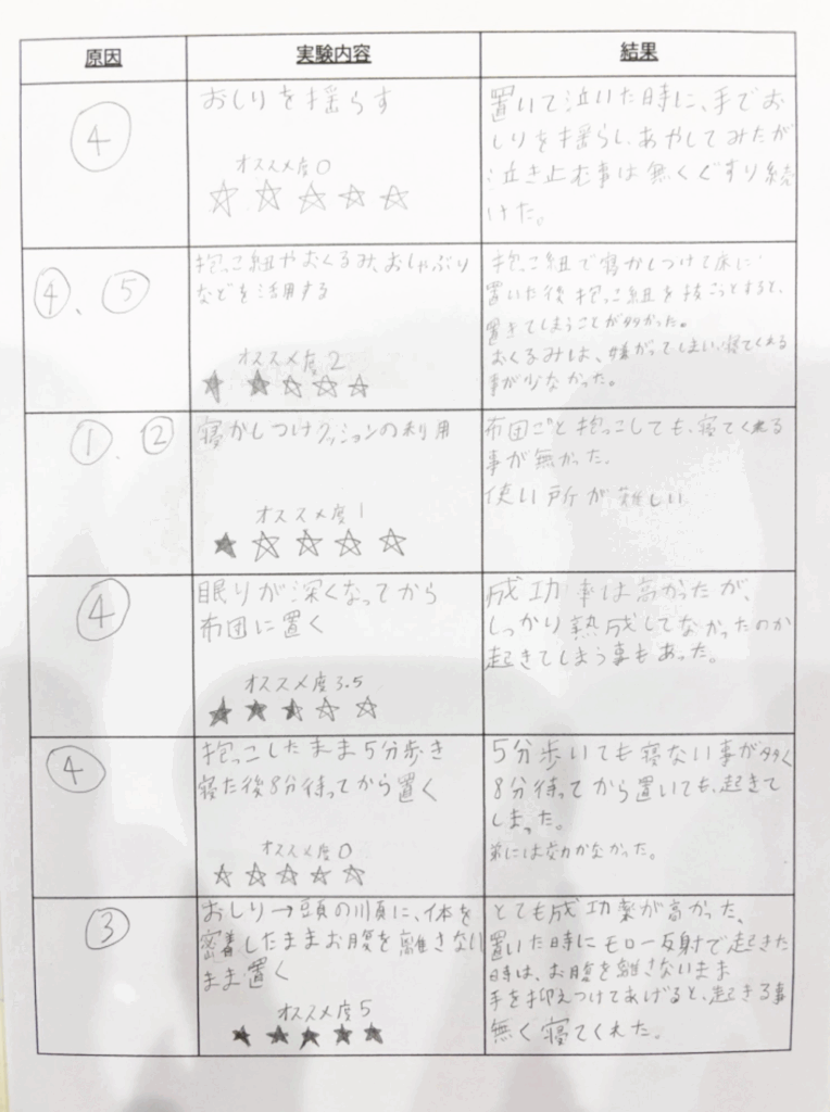 実験内容や結果などを表にしたページ（＠runatinkさんより提供）