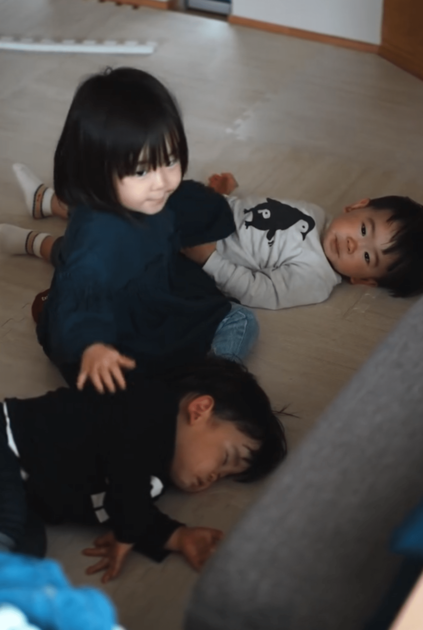 1歳の双子の間に座り込んだ3歳姉。しかし次の瞬間…ママ「急にどうしたの?」思わぬ行動に「優しいお姉ちゃん」「小さいママ」