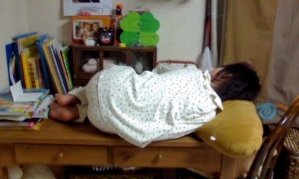 勉強机の上で寝る様子（＠bura__10さんより提供）