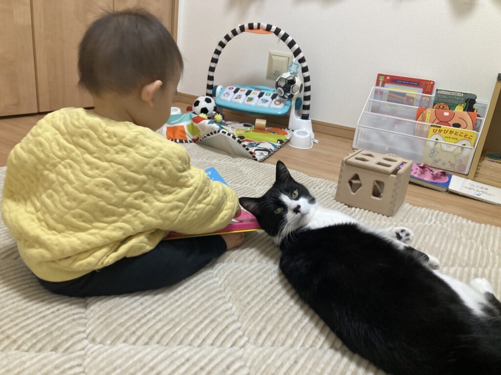 息子さんにくっつく義勇くん（＠nekosuki1121さんより提供）