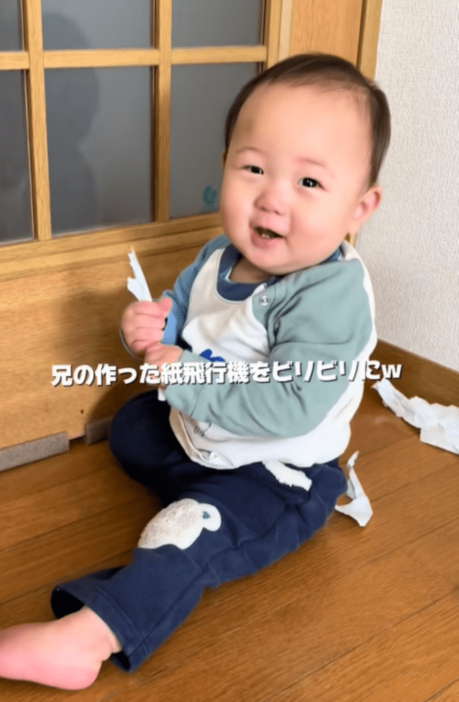 紙飛行機をビリビリに（＠bebi_mon_ikujiさんより提供）
