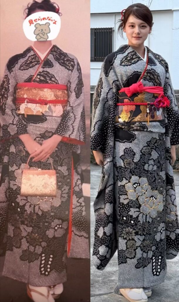 振袖を着たお母さんの写真と①（＠mariakadekaruさんより提供）