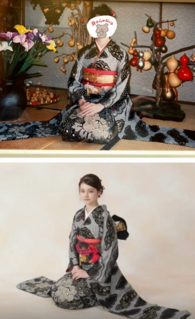 振袖を着たお母さんの写真と⑤（＠mariakadekaruさんより提供）