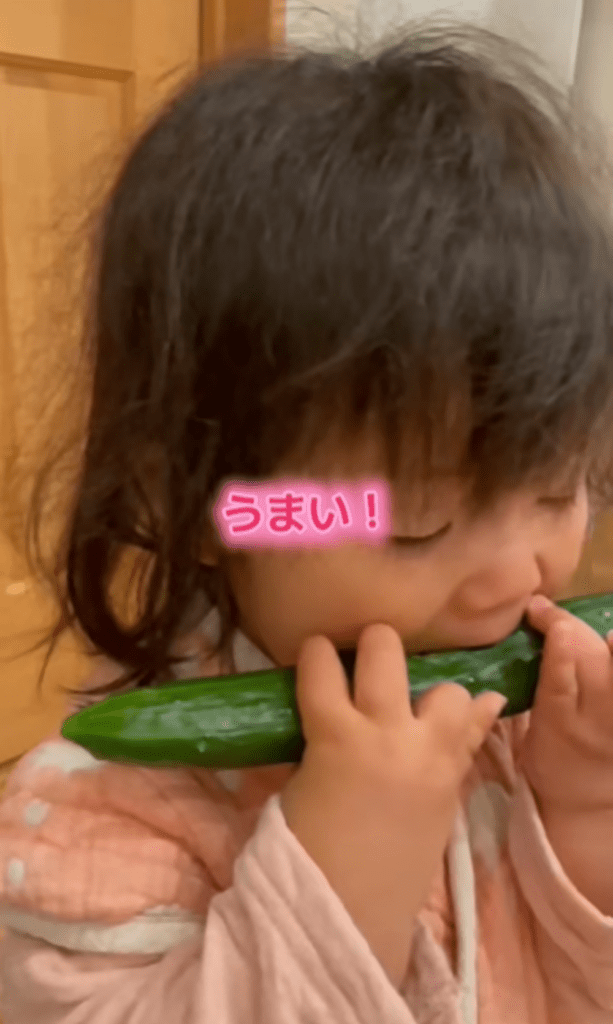 きゅうりをかじる娘さん⑧（＠shabondamasolapiさんより提供）
