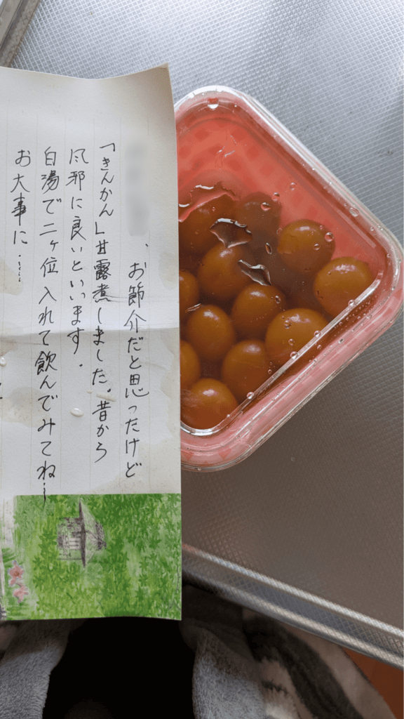 おばあちゃんからの差し入れ①（＠minko_aiartさんより提供）