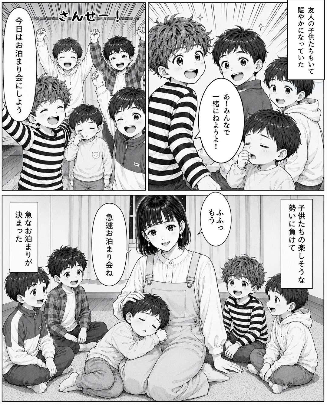 子どもたち「みんなで一緒に寝たい!」母「今から!?」宅飲みから急遽始まったお泊まり会。しかし翌朝、ワンオペの母を救ったパパたちの行動に「粋すぎる」「最高」