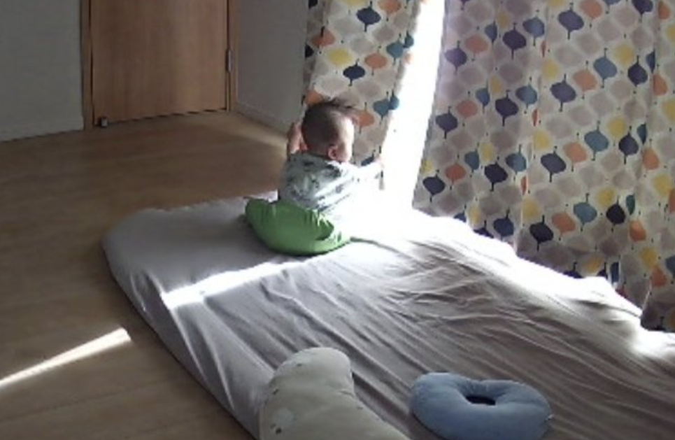 カーテン開けて日光を浴びていた息子（@0shi4ka_ktnさんより提供）